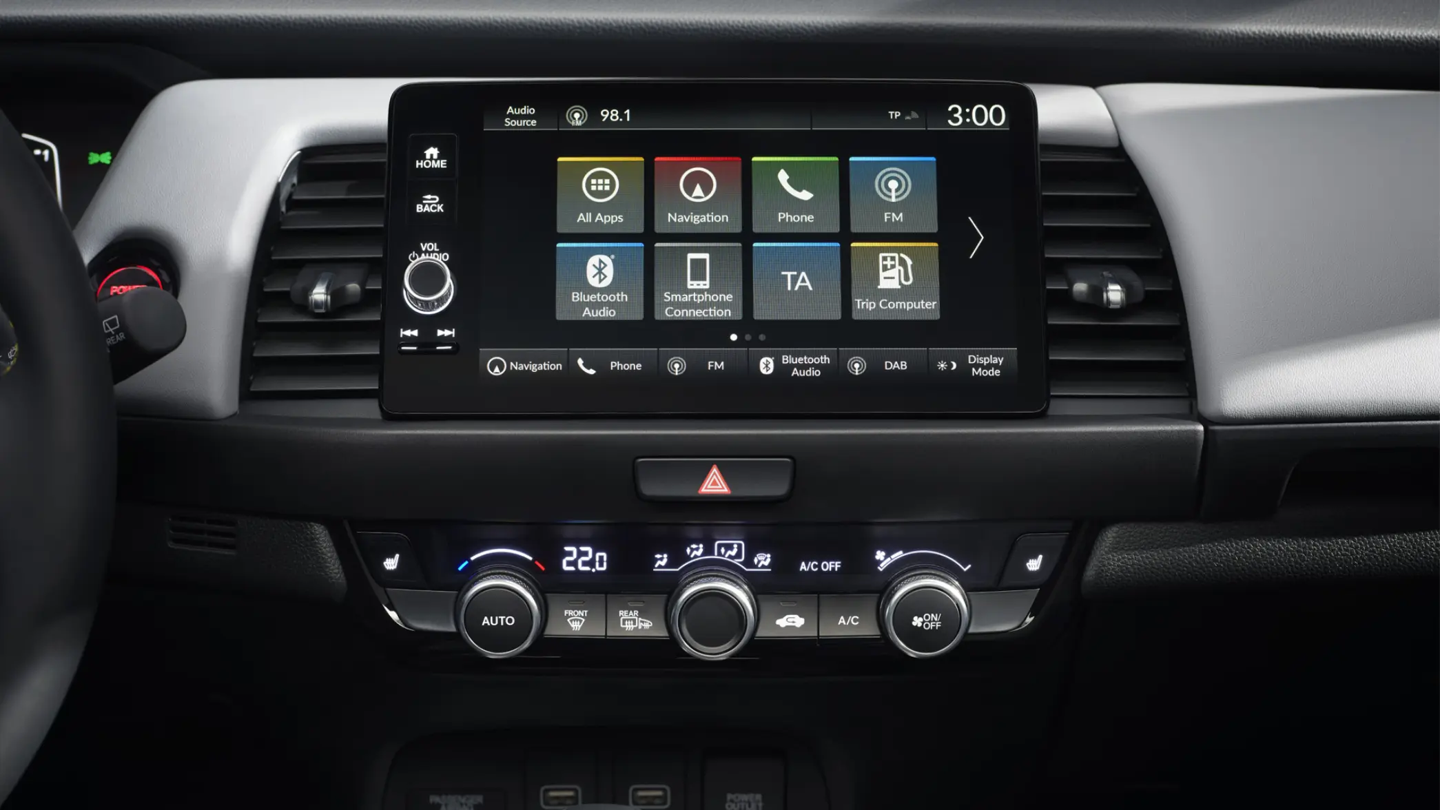 Detailný pohľad na obrazovku informačno-zábavného systému v modeli Honda Jazz Hybrid.